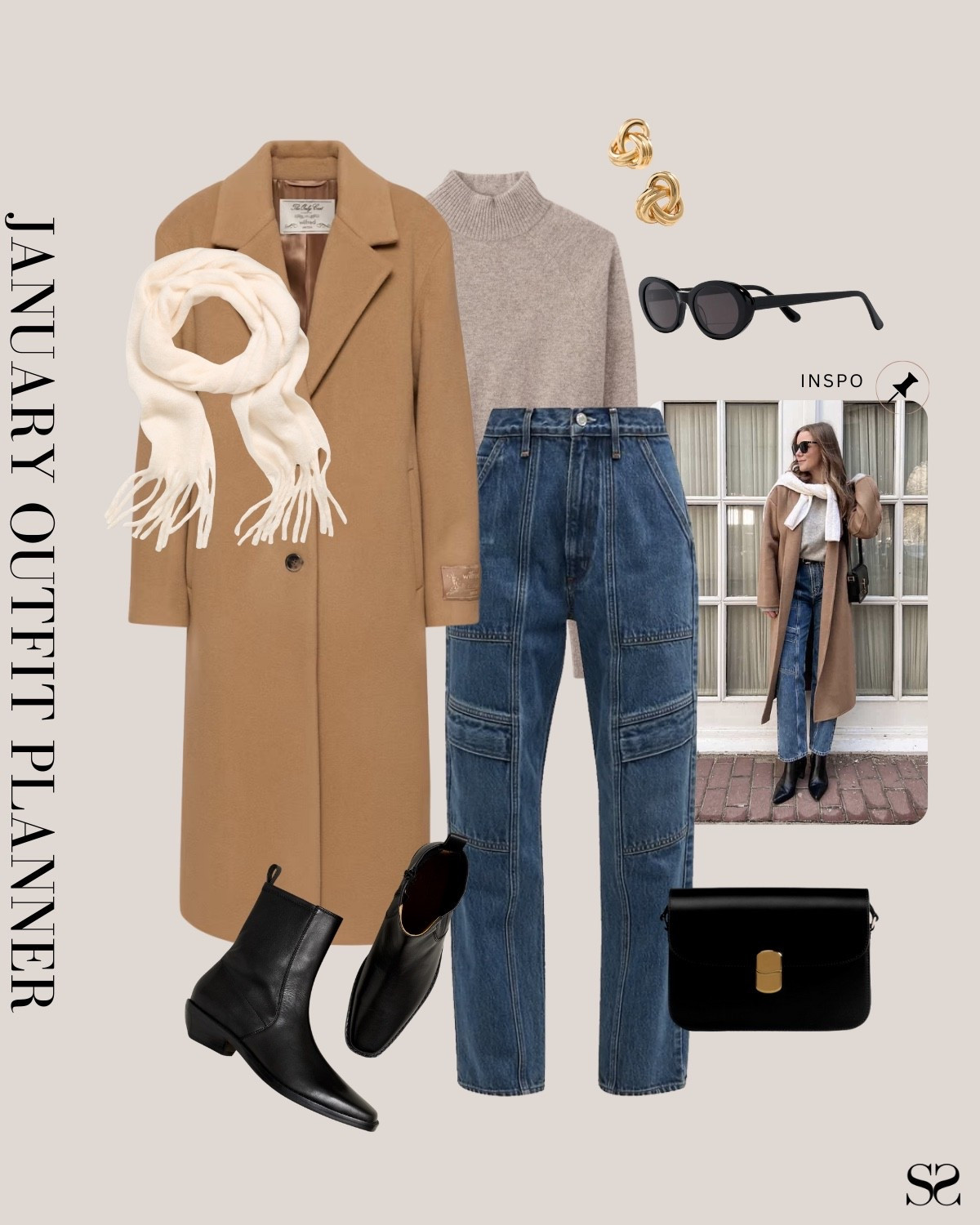 Monthly outfit planner JANUARY: Winter outfits | cargo denim, camel coat, neutral sweater, black boot

#classicstyle #LTKstyletip #winteroutfit #casualoutfit

Image inspo credit: Pinterest 

#LTKgrwm #LTKSeasonal #LTKootd