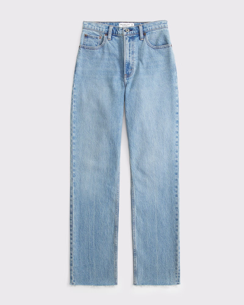 Abercrombie & Fitch Women's Ultra High Rise 90s Straight Jean in Medium Crease Raw Hem - Size 28 | Abercrombie & Fitch (US)