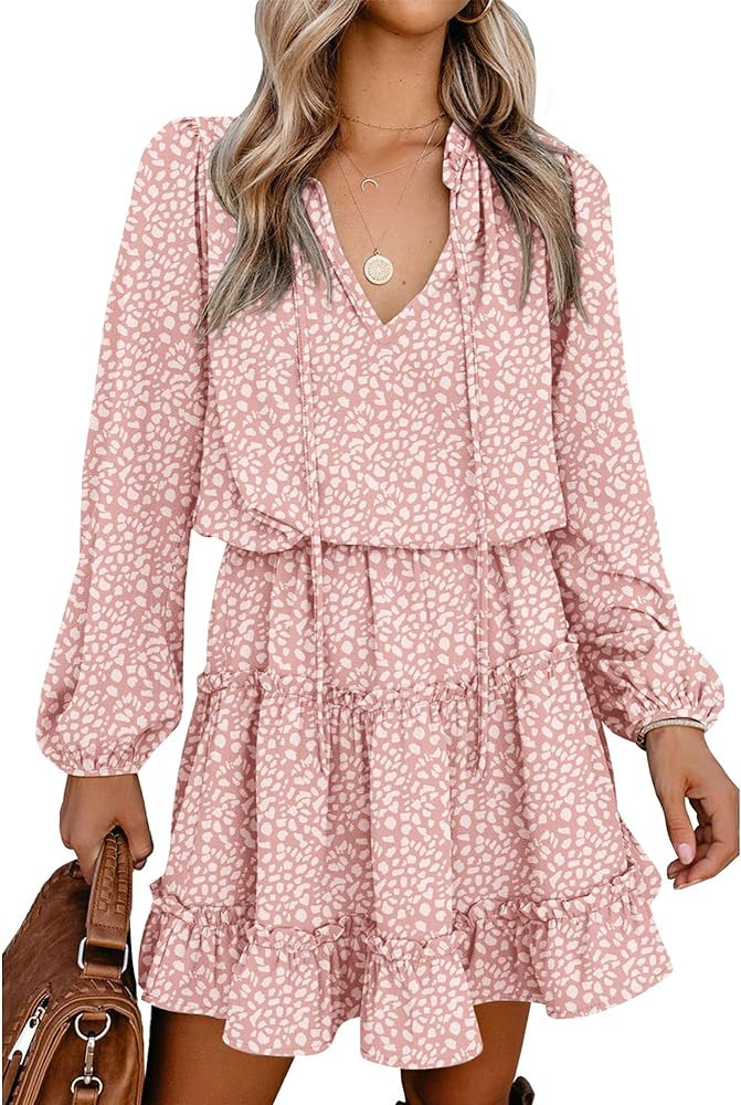 BTFBM Women Casual Summer Fall Dresses Tie V Neck Long Sleeve High Waist Ruffle Tiered A Line Swi... | Amazon (US)