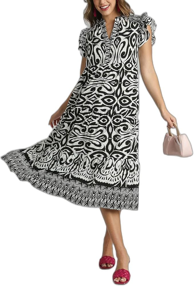 Womens Casual Boho Abstract Print Ruffle Sleeve V Neck Midi Summer Dress Black White Geometric Pa... | Amazon (US)