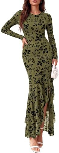 BTFBM Fall Dresses for Women 2026 Long Sleeve Cocktail Dress | Crew Neck,Split Side,Bodycon,Flora... | Amazon (US)