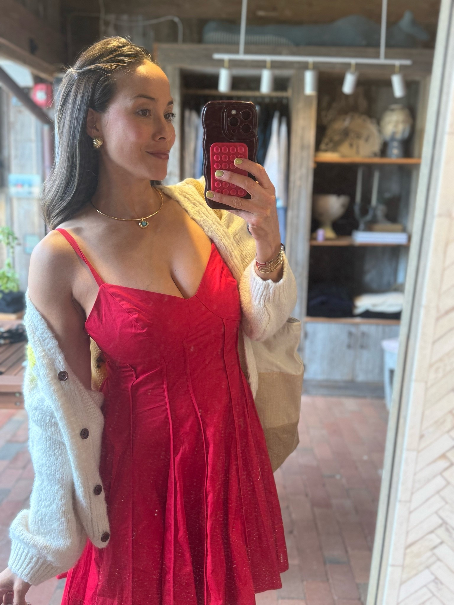 Perfect red dress❤️ Size medium. Cardigan was borrowed and got necklace from a pop up boutique in the Hamptons.

#LTKootd
