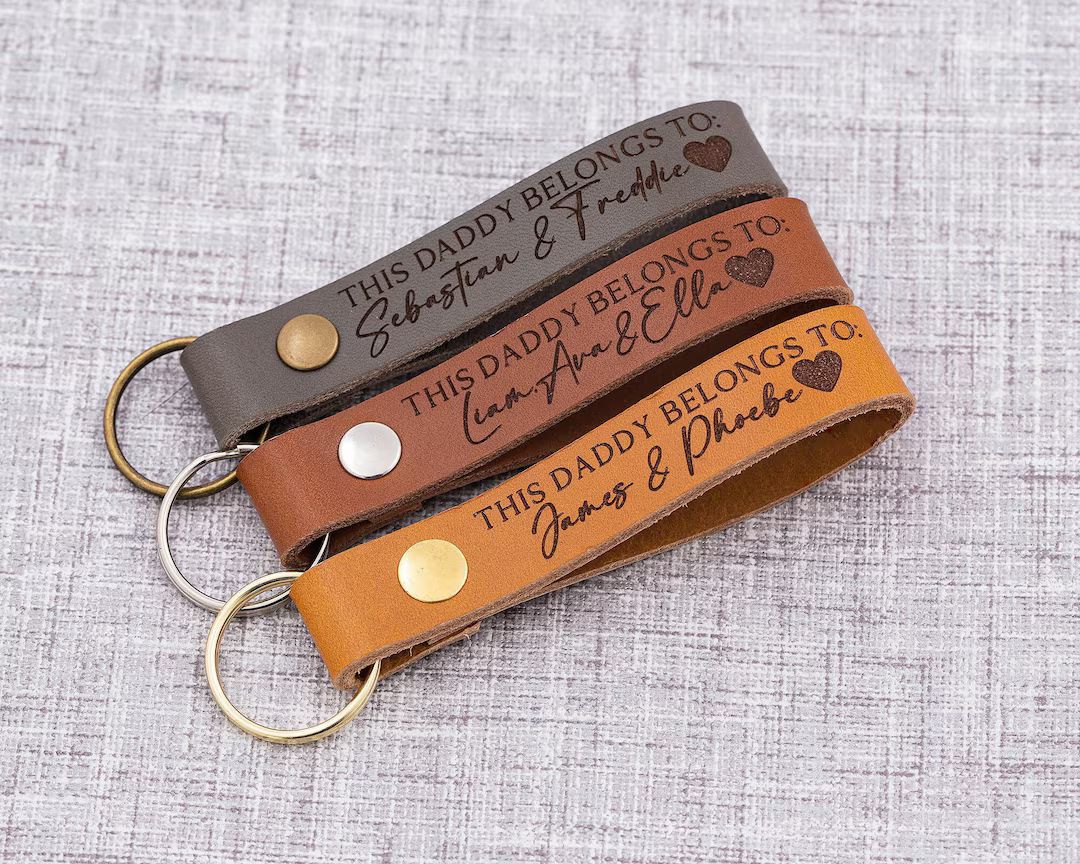 Personalised leather keyring, this dad daddy grandad belongs to, engraved keychain, gift for him,... | Etsy (US)