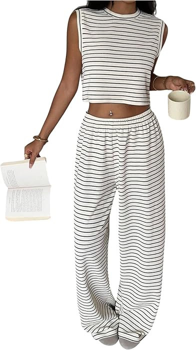 Verdusa Women's 2 Piece Striped Set Tank Tops with Pants | Amazon (US)