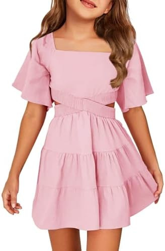 Batermoon Girls Summer Dress Square Neck Short Sleeve Crossover Waist Casual A-line Mini Dress | Amazon (US)