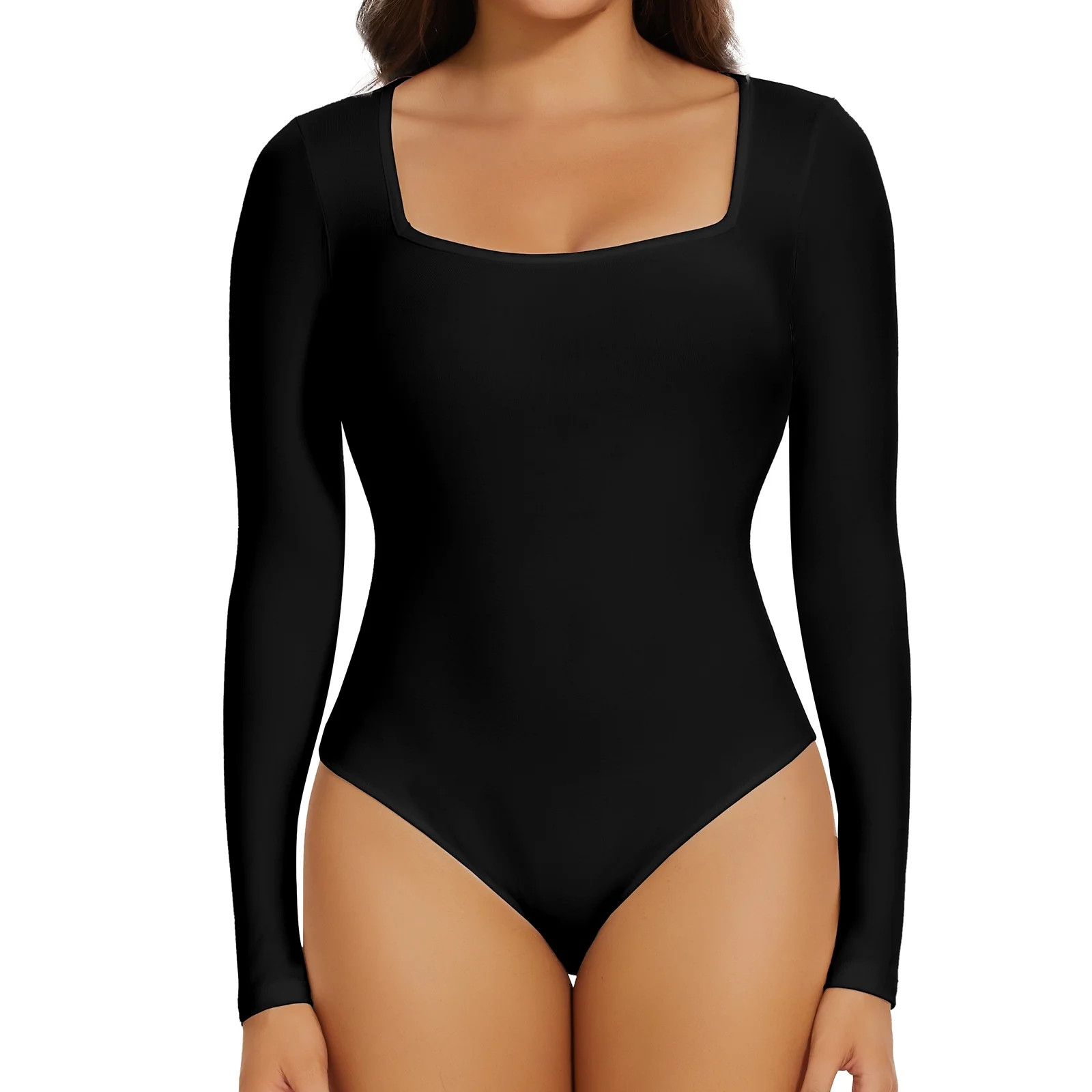Joyshaper Women's Square Neck Long Sleeve Tops Bodysuit Half-hip Bodysuits Basic Solid Color Body... | Walmart (US)