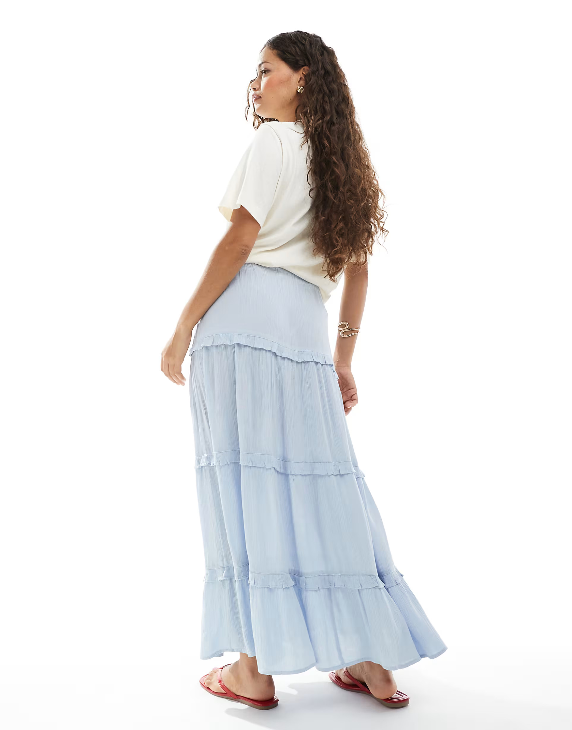 Miss Selfridge Petite tiered maxi skirt in light blue | ASOS (Global)