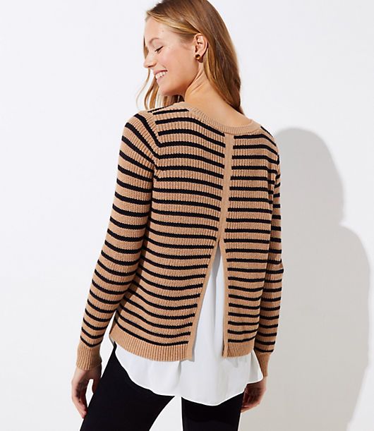 LOFT Striped Split Back Mixed Media Sweater | LOFT