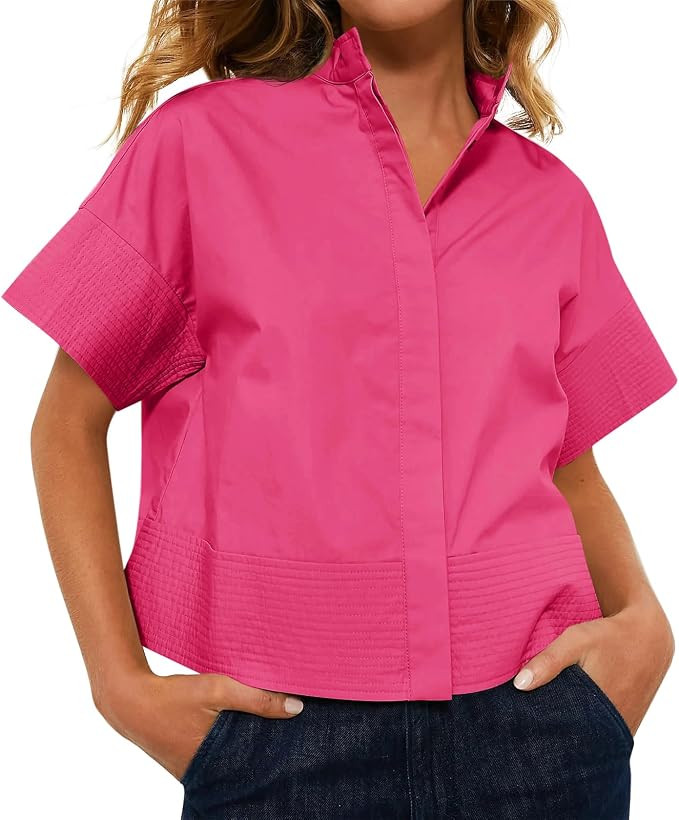 Cicy Bell Womens Cropped Short Sleeve Button Down Shirts Pleated Summer Dressy Casual Blouse Stan... | Amazon (US)