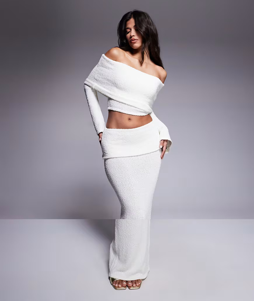 Wanderdoll Yasmin boucle knit extreme foldover top and maxi skirt set in cream-White | ASOS (Global)