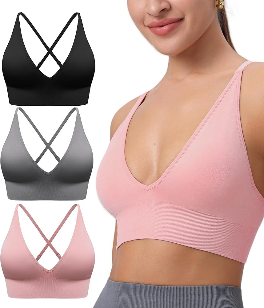 Amazon.com: 3Pack Womens Deep V-Neck Longline Sports Bra, Strappy Criss Cross Padded Cups Adjustable Spaghetti Straps Workout Yoga Crop Top : Clothing, Shoes & Jewelry | Amazon (US)