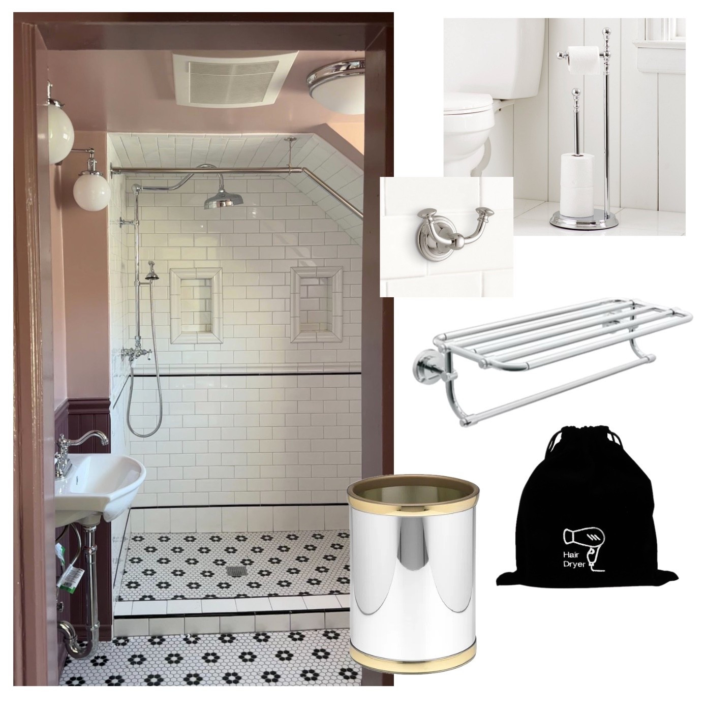 Client’s Victorian AirBnB Bathroom Essentials: a soft color, patterned tile, chrome hardware and vintage-inspired accessories for a guest bathroom that looks like it’s always been a part of this historic home. Make it feel like a hotel suite with complimentary soaps, extra towels folded on a chrome towel rack, blow-dryer in bag on its own hook, and well-stocked chrome bathroom accessories to match. 
