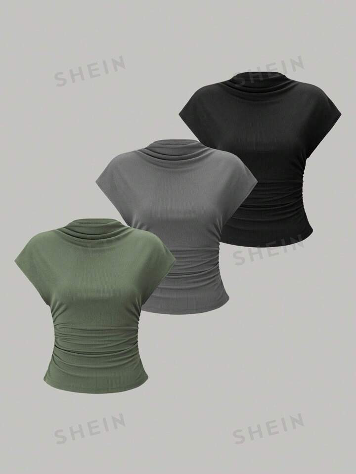 SHEIN Essnce 3 stuks Kraag & Geplooide Ontwerp T-shirts | SHEIN