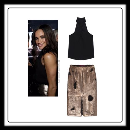 Meghan Markle Annie Bing Becca halter now on sale and Heidi Merrick Ember sequin skirt  

#club #cocktail #party  