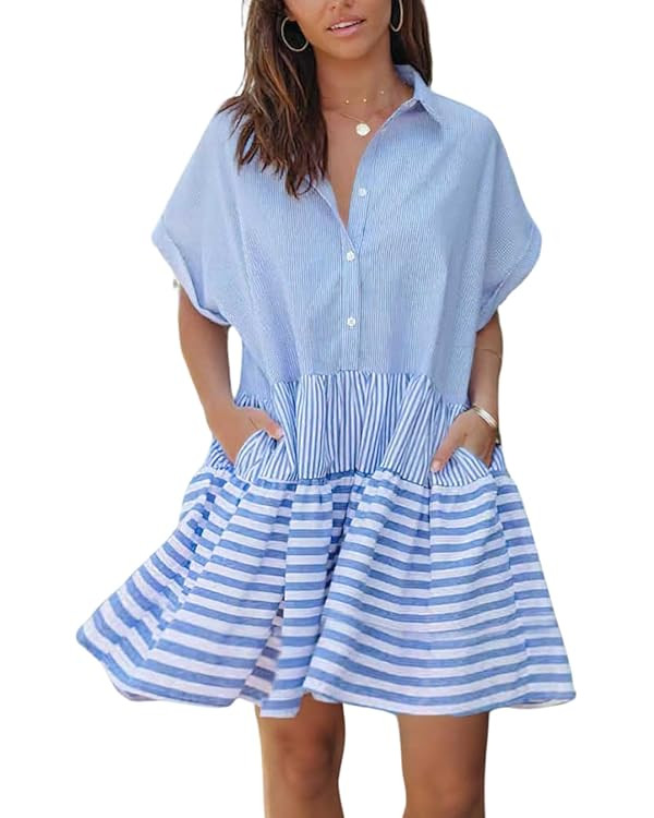 chouyatou Women Summer Beach Short Sleeve Striped Shirt Dress Button Down Tiered Mini Tunic Babyd... | Amazon (US)