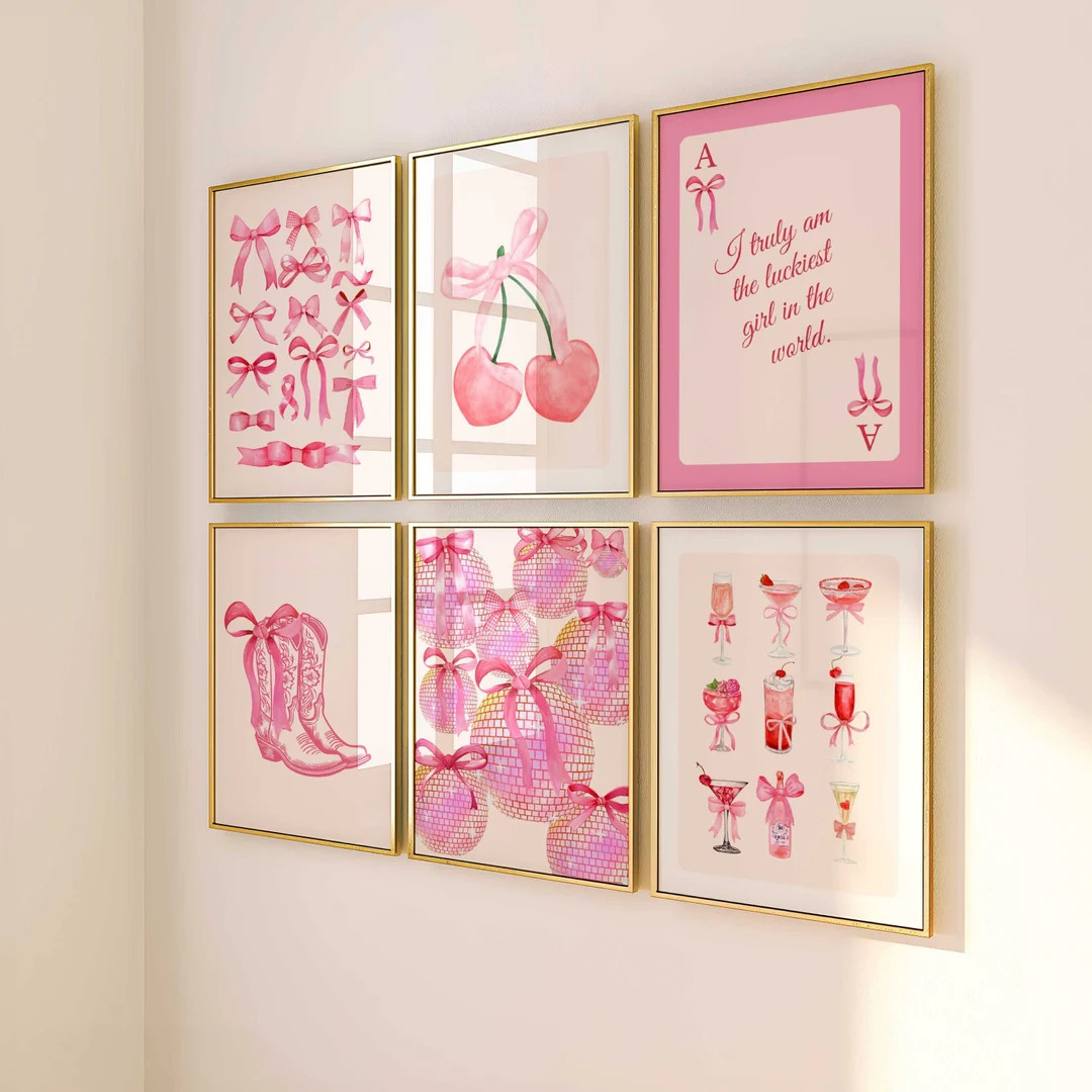 Trendy Pink Bows Wall Art Set of 6, Preppy Poster, College Apartment Decor, Watercolor Bows Print... | Etsy (US)