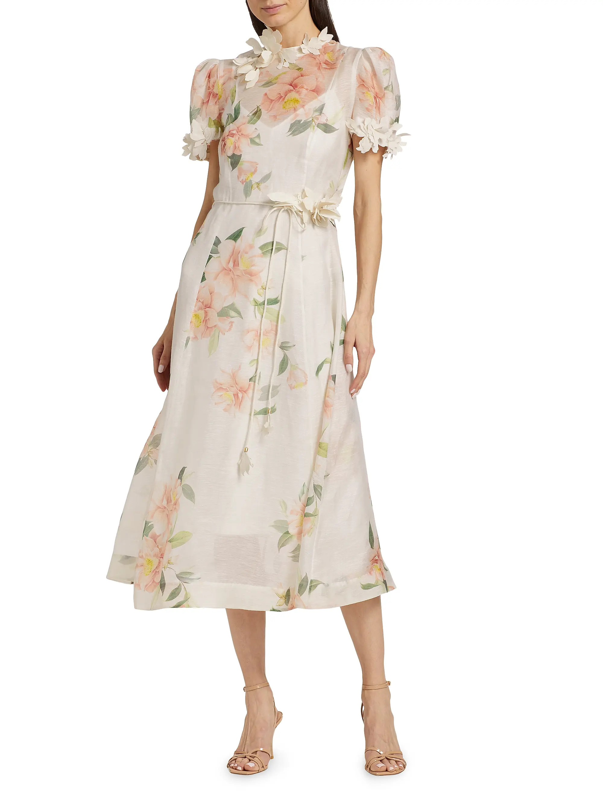 Shop Zimmermann Natura Liftoff Linen-Silk Appliqué Midi-Dress | Saks Fifth Avenue | Saks Fifth Avenue