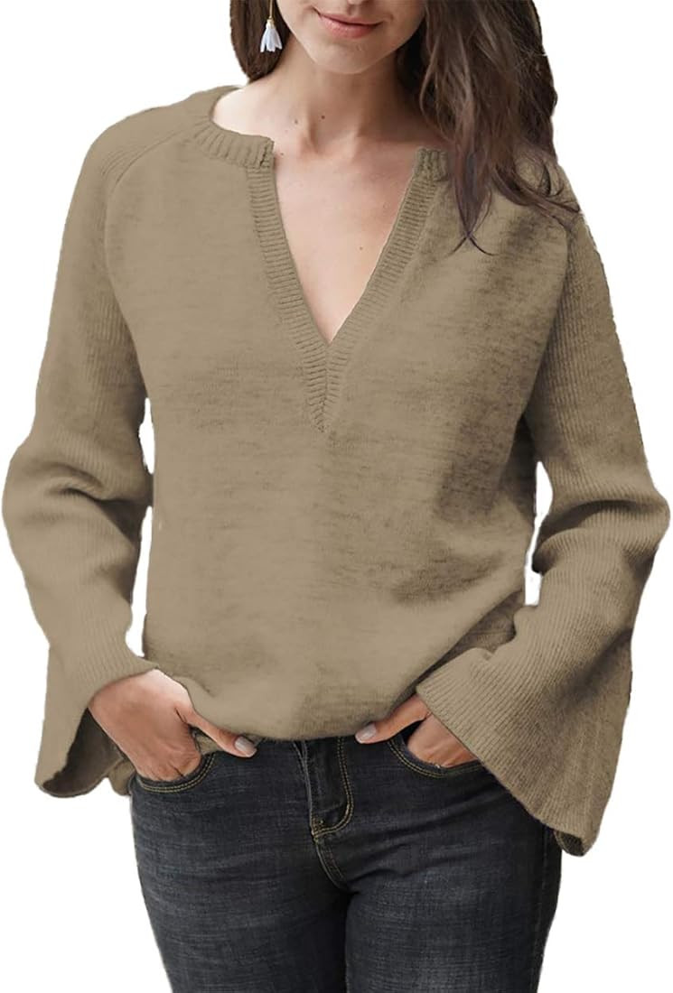 HZSONNE Women's Bell Sleeve Sweater - Crew Deep V Neck Kimono Loose Fit Solid Pullover Knitted Ju... | Amazon (US)