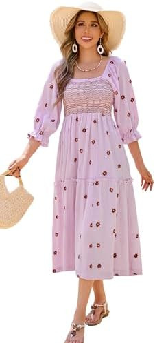 R.Vivimos Women's Long Sleeve Cotton Boho Midi Dress Vintage Square Neck Floral Embroidered Tiere... | Amazon (US)