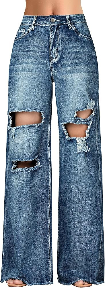 roswear Womens High Waist Stretch Ripped Baggy Boyfriend Loose Fit Denim Jeans 6087 | Amazon (US)