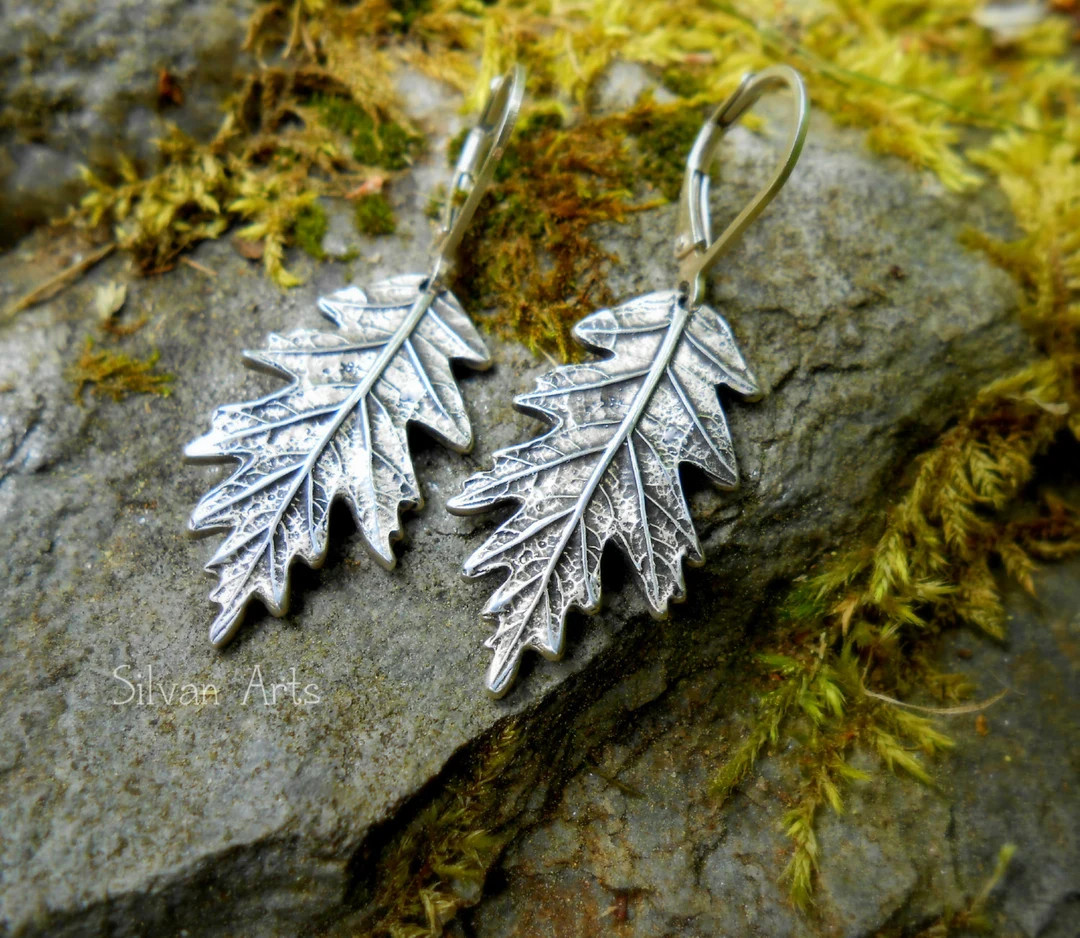 Oak Leaf Earrings, Botanical Jewelry, Woodland Leaf Earrings, Real Leaf Earrings, Artisan Fine Si... | Etsy (US)