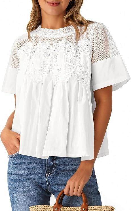 Cicy Bell Womens Babydoll Lace Blouses Short Sleeve Ruffle Crew Neck Peplum Tops Dressy Casual Lo... | Amazon (US)