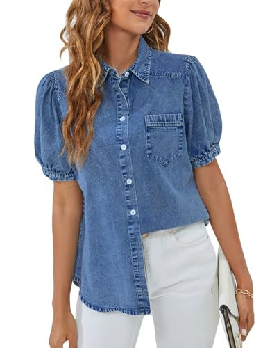 BMJL Womens Denim Shirt Business Casual Button Down Work Blouses Puff Sleeve Summer Tops Blue | Amazon (US)