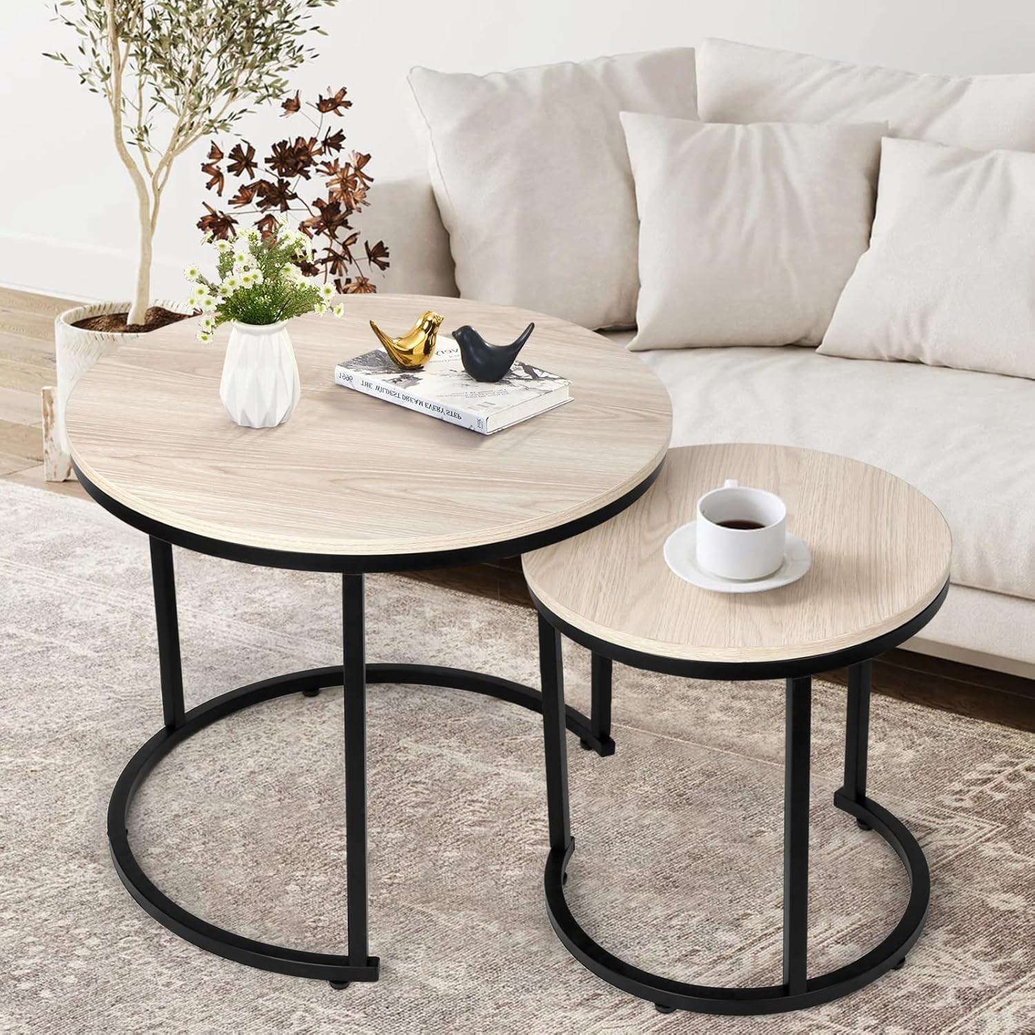 Coffee Tables for Living Room - Small Round Coffee Table Set of 2, Center Table with Solid Wood G... | Amazon (US)
