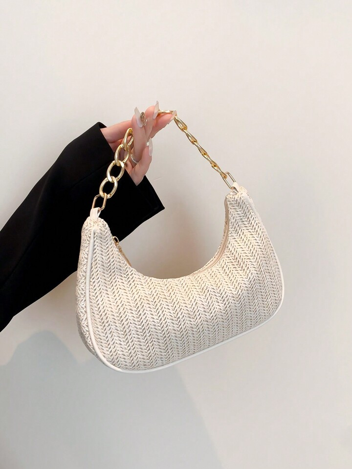 Fashionable Solid Color Woven Moon Shaped Women's Bag With Metal Chain Strap, Can Be Used As Hand... | SHEIN