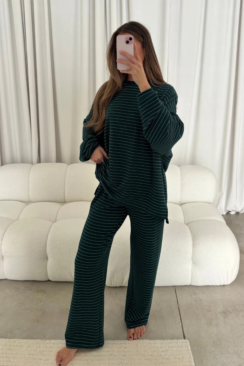 Campbell Striped Fleece Lounge Pants in Green (Sign up for January Res | Worth Collective