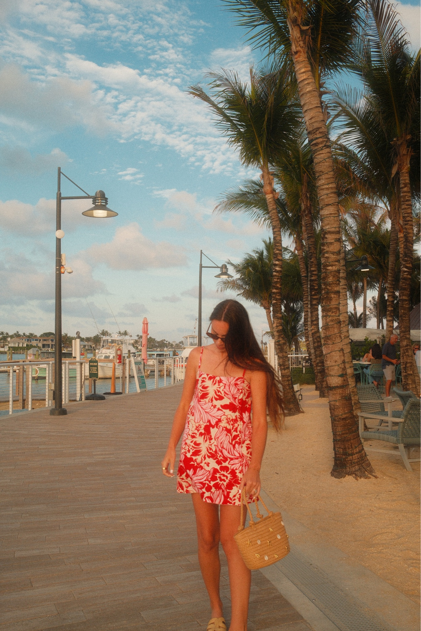 Dinner on the water outfit❤️ Abercrombie dress, Target beach bag, shell purse, dolce vita sandals, date night, vacation dress, vacation outfit ideas, summer outfit inspo

