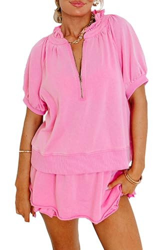 KevaMolly Women's 2 Piece Lounge Sets Casual Short Sleeve Outfits Half Zip Puff Sleeve Top and Ru... | Amazon (US)
