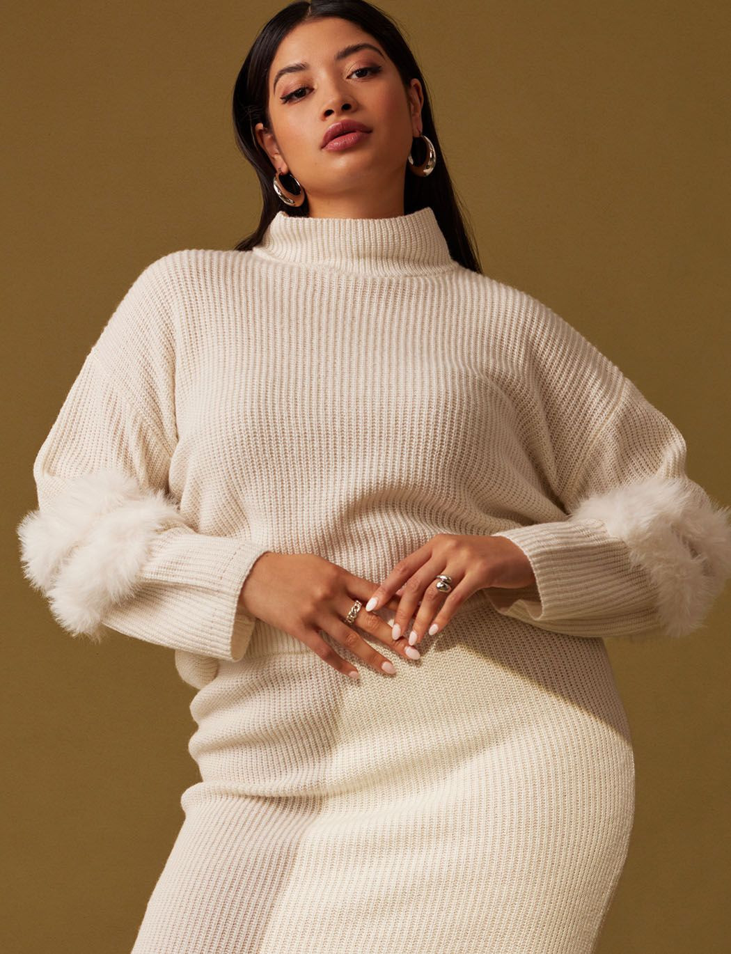 Mock Neck Cropped Sweater With Fur Detail | Eloquii