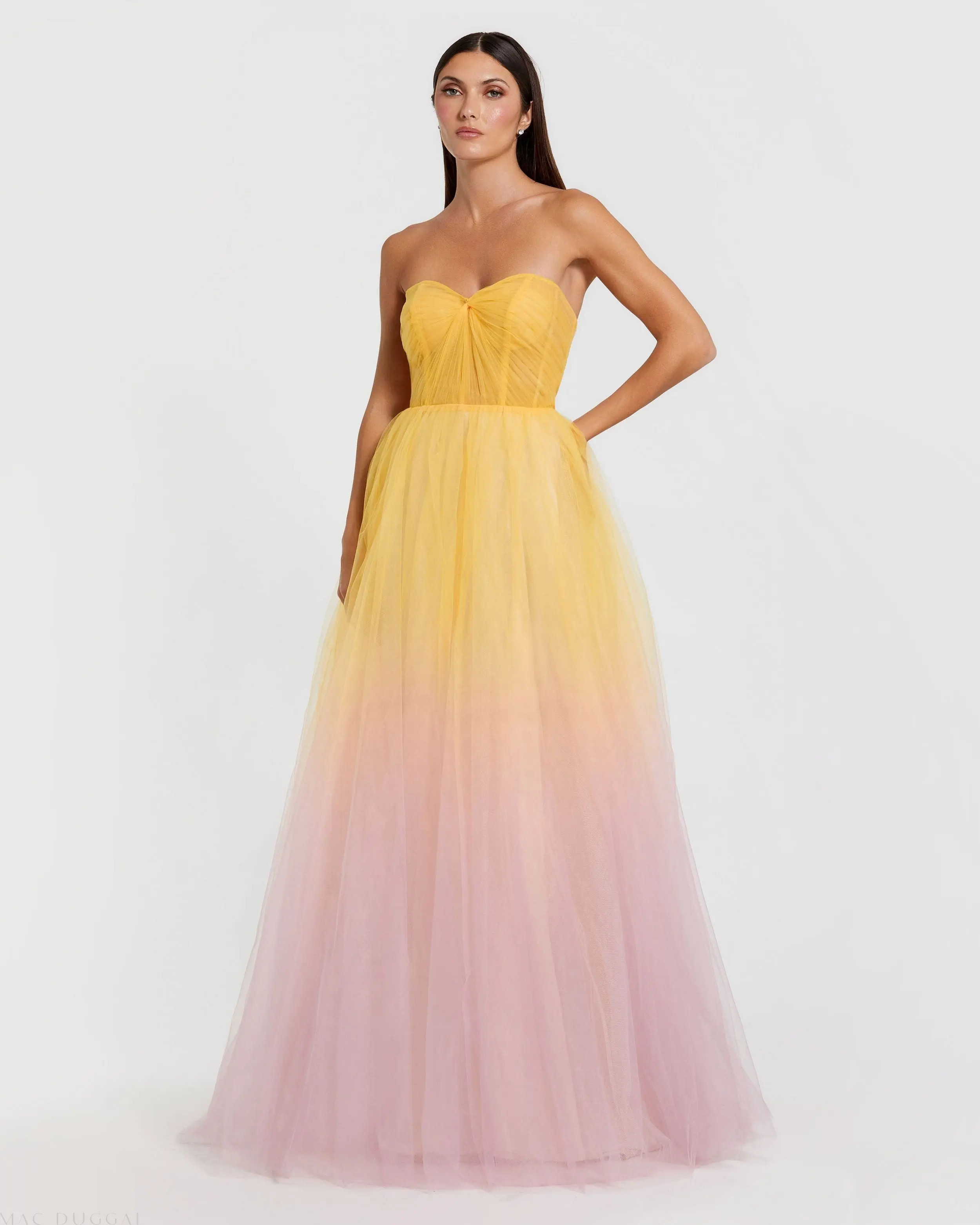 Mac Duggal - Yellow and Pink Strapless Corset Ombre Tulle Ballgown - Pink Lemonade / US 10 | Mac Duggal