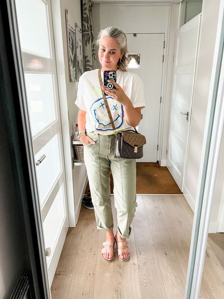 Outfits of the week. Oversized Nirvana T-shirt paired with tall cargo trousers from Marks and Spencers (very comfortable). Pink glitter double buckle sandals and Louis Vuitton Pochette Métis reverse. 



#LTKcurves #LTKstyletip #LTKeurope