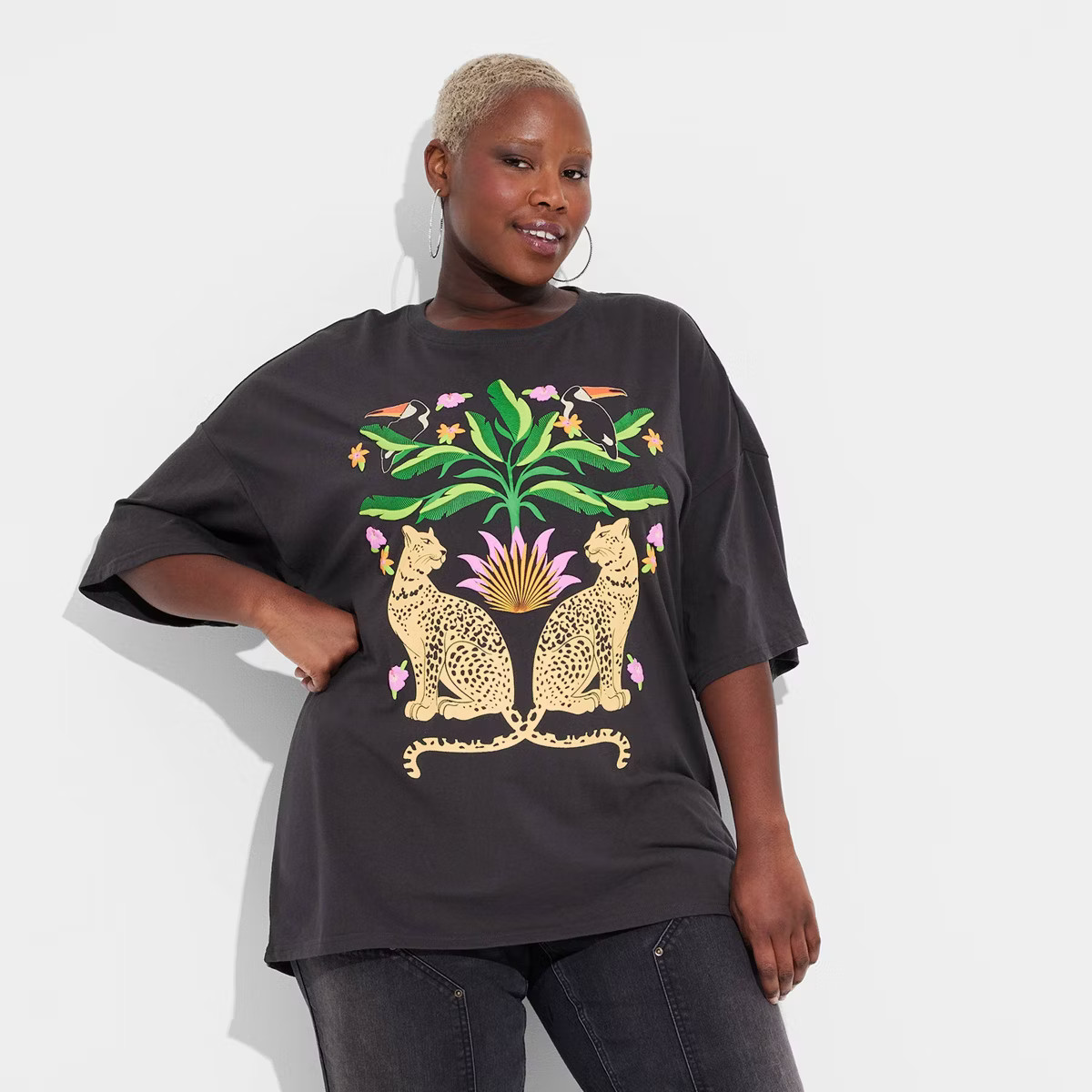Women's Jungle Scenery Oversized Short Sleeve Graphic T-Shirt - Black | Target