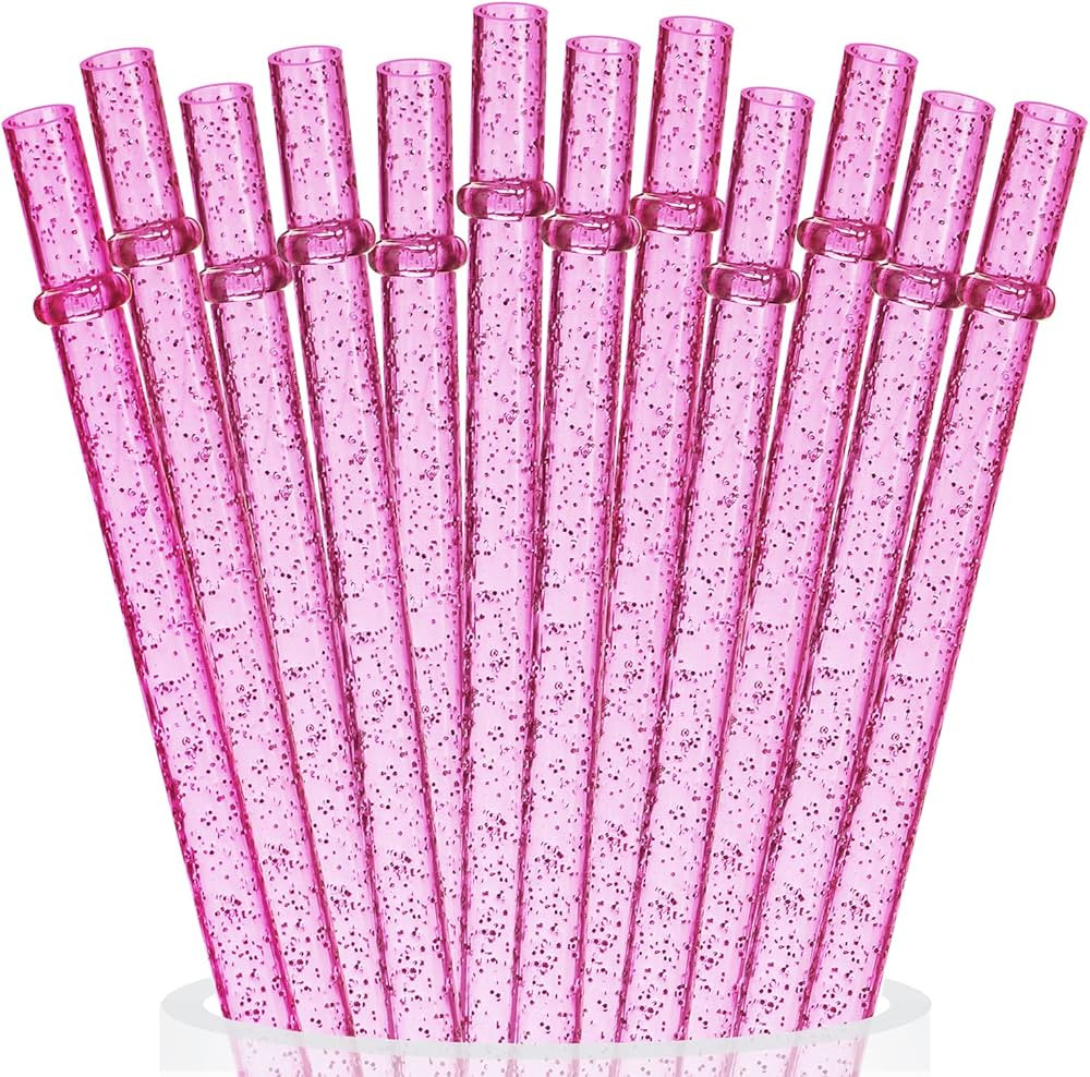 ALINK 12PCS Reusable Clear Pink Glitter Straws, 11" Long Hard Plastic Tumbler Drinking Straws wit... | Amazon (US)