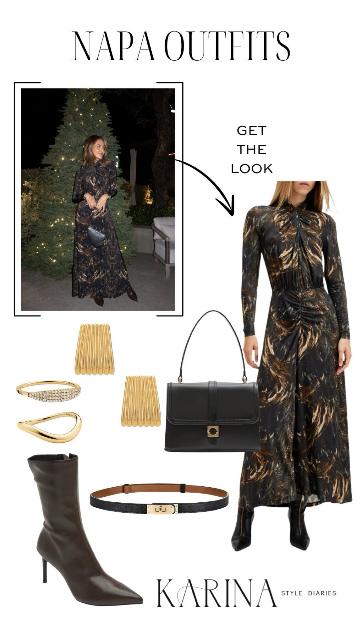 My recent wine country outfit🍷 (which would also work wonderfully as a holiday party outfit or winter date night outfit!) This long sleeved dress has the most flattering shape and the comfiest fit. I paired it with my favorite ankle boots (which you’re all loving as well) some gold jewelry, and a black handbag. The pattern on this dress is just festive enough to work for holiday outfits while remaining a neutral enough piece to wear throughout the winter — a win-win!

#LTKSeasonal #LTKShoeCrush #LTKStyleTip