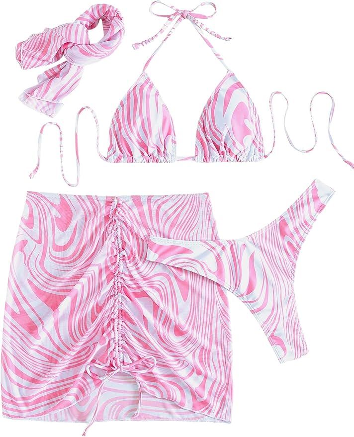 MakeMeChic Women's 4 Piece Swimsuits Halter High Cut Bikini Set Beach Skirt with Head Scarf | Amazon (US)