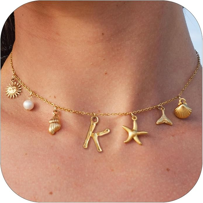 SLOONG Initial Charm Necklace for Women, Beach Pendant 14K Gold Plated Letter Neckalces Freshwate... | Amazon (US)
