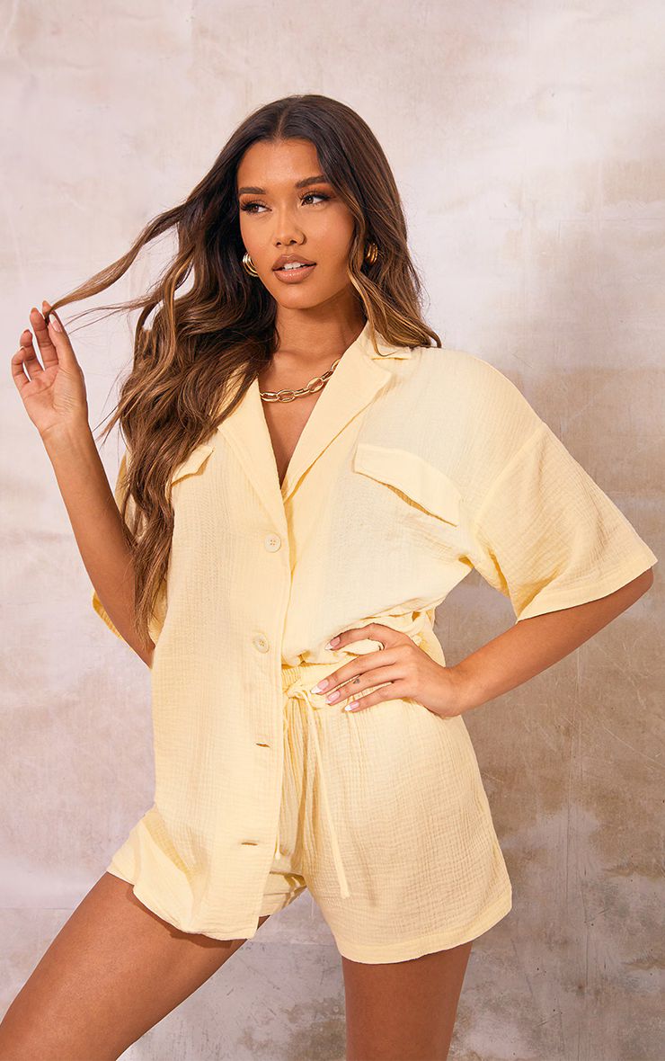 Pastel Yellow Woven Pocket Detail Short Sleeve Oversized Shirt | PrettyLittleThing US