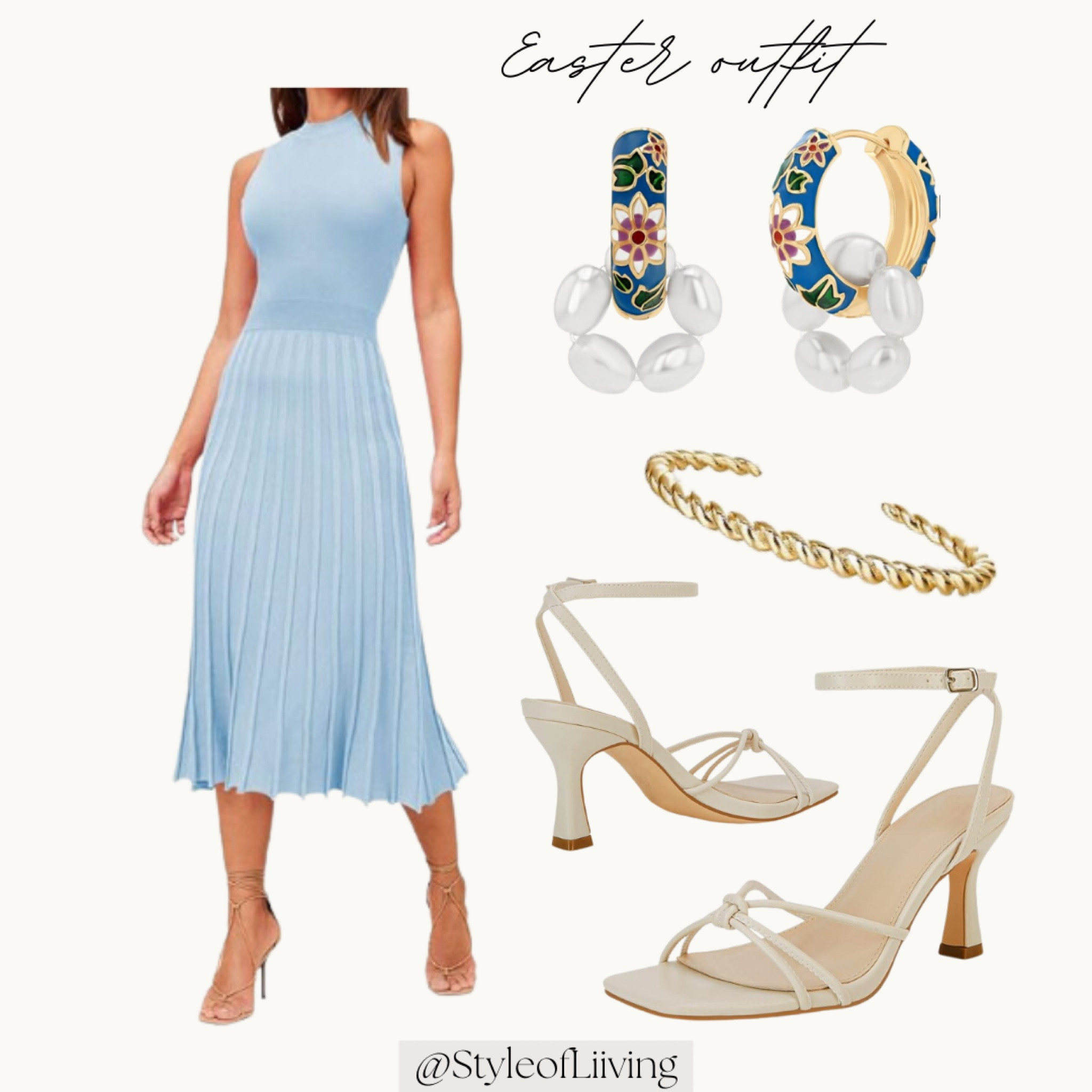 Spring Easter outfits! Baby blue dress, skirts, gold bangle bracelets, earrings, nude strappy sandals. #founditonamazon #amazonfashion #amazonfinds2024

#LTKfindsunder100 #LTKstyletip #LTKSeasonal