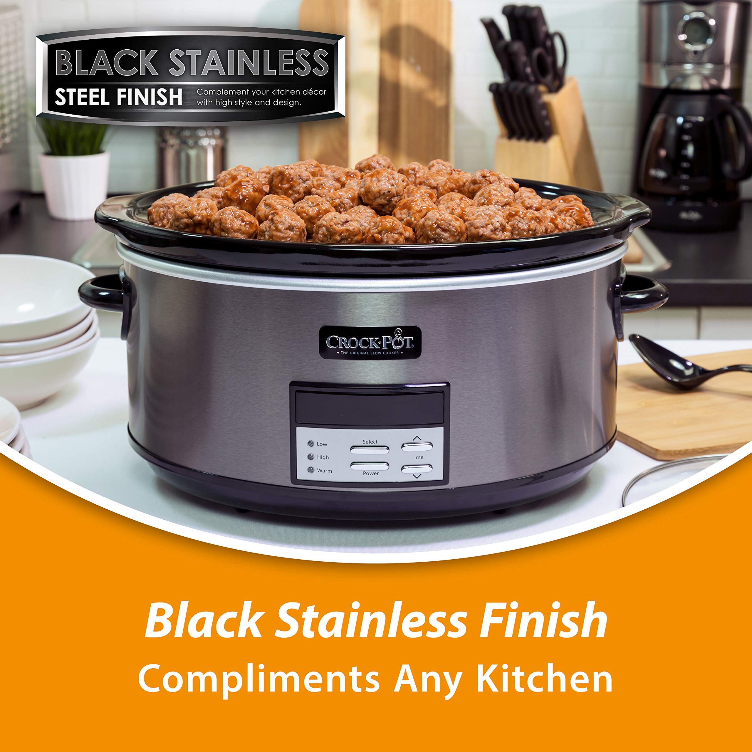 Crock-Pot Large 8-Quart Programmable Slow Cooker with Auto Warm Setting Black Stainless Steel Inc... | Amazon (US)