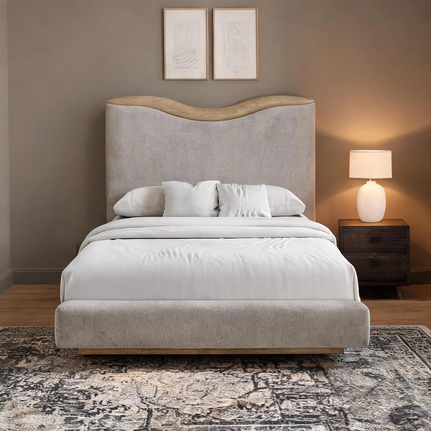 SunJet Queen Upholstered Bed with Curved Headboard in Linen Beige Low-Profile Frame one_size | T4DSMRAP21QS | Lowe's