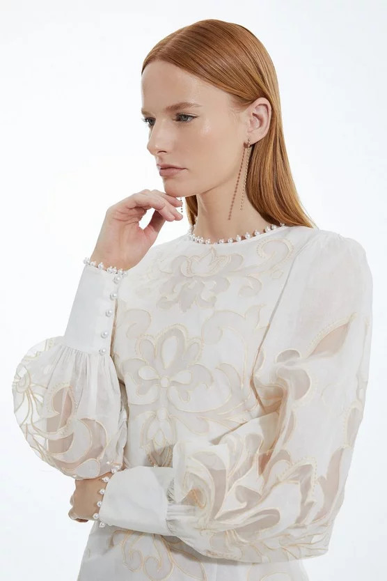 Cutwork Organdie Balloon Sleeve Woven Midi Dress | Karen Millen US