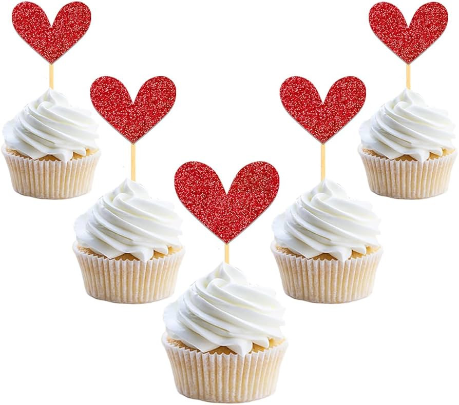 24Pcs Glitter Red Heart Cupcake Toppers for Valentine's Day Decorations, Mixed Size Double-Sided ... | Amazon (US)