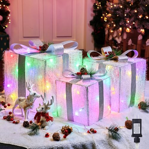 3 Pieces Foldable Christmas Decorations Lighted Gift Boxes, 12" 10" 8" with 60 Pre-Lit Mini String Lights，LED Xmas Gift Boxes with Bows for Tree Indoor Outdoor Holiday Party Yard Home Decor | Amazon (US)