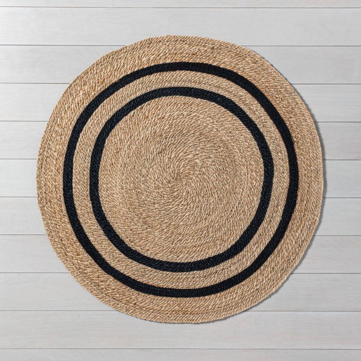 Round 5' Double Stripe Braided Jute Area Rug Charcoal/Tan - Hearth & Hand™ with Magnolia | Target