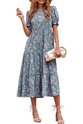 Pretty Garden Womens Summer Casual Boho Dress Floral Print Ruffle Puff Sleeve High Waist Midi | Amazon (US)