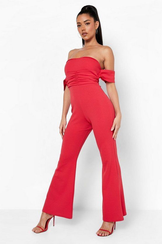 Off The Shoulder Rouched Flare Jumpsuit | Boohoo.com (US & CA)